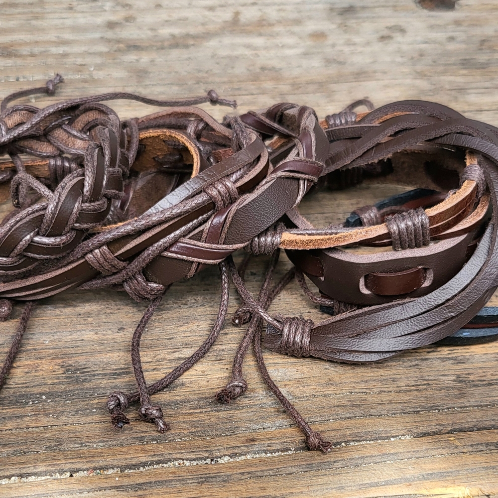 Unisex Brown Leather Adjustable Bracelets 8 Pcs